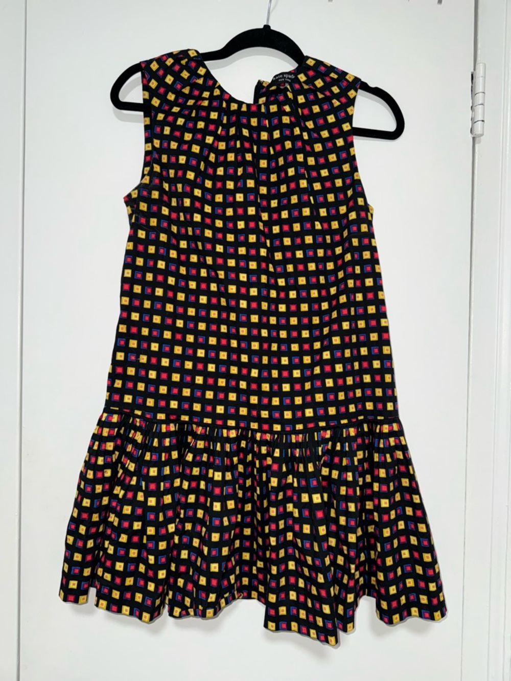 Kate Spade Women’s Black Print Drop-Waist Dress with Pink & Yellow Squares